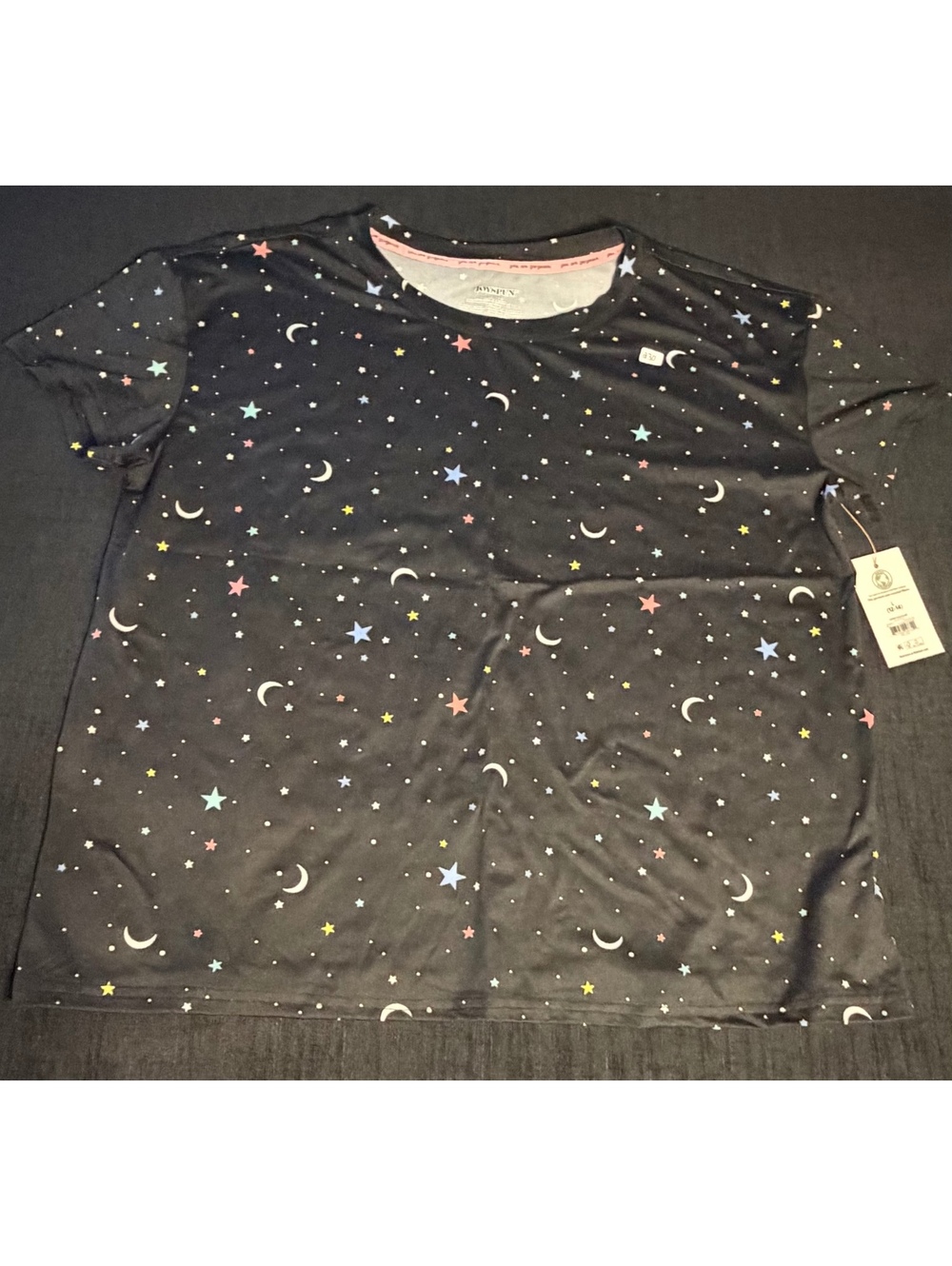 Joyspun Women's Black Short Sleeve T-Shirt with Colorful Star and Moon Print, L